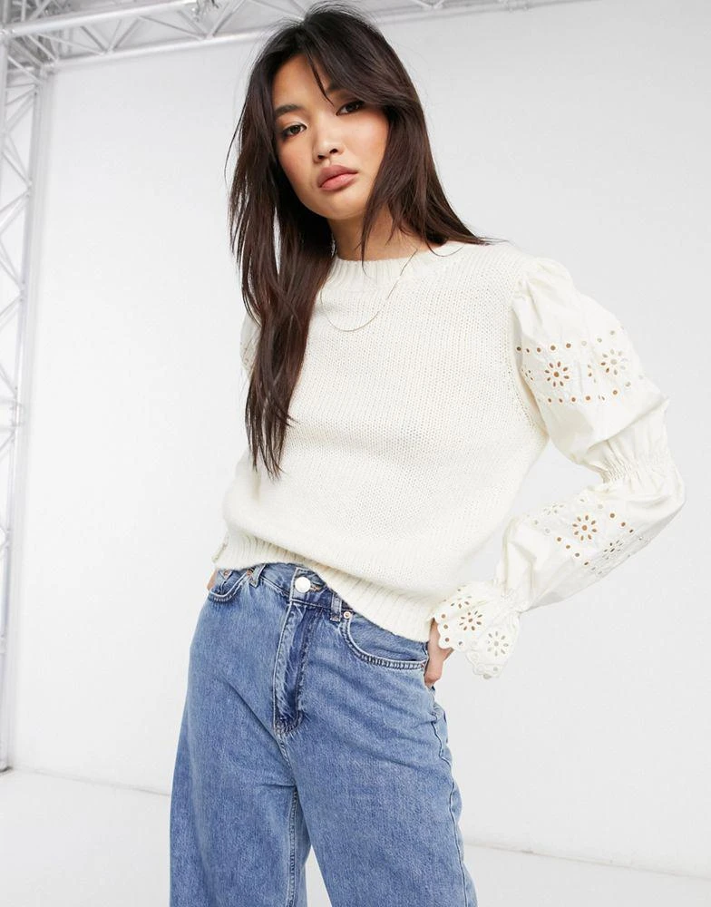 & Other Stories & Other Stories wool jumper with broderie sleeves in off white - WHITE 3