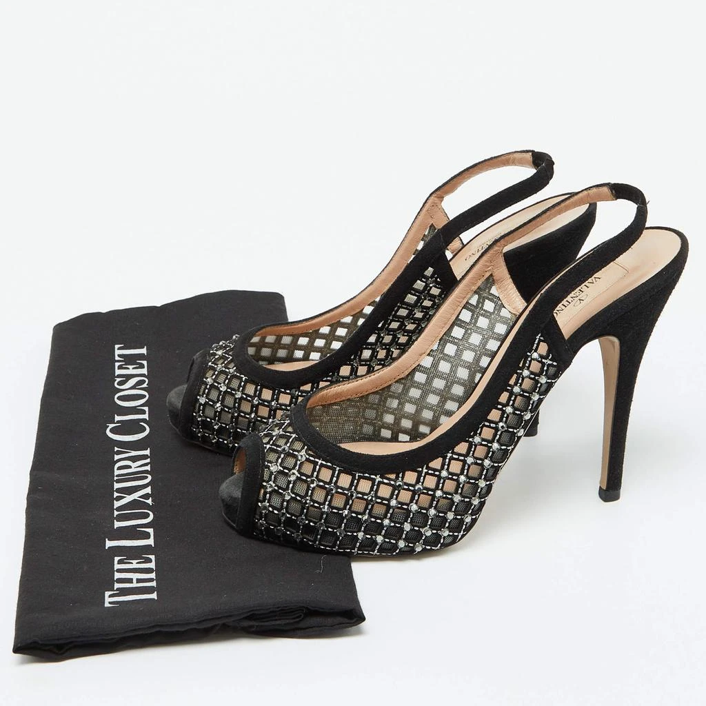 Valentino Valentino Black Mesh and Suede Crystal Embellished Peep Toe Pumps Size 38.5 9