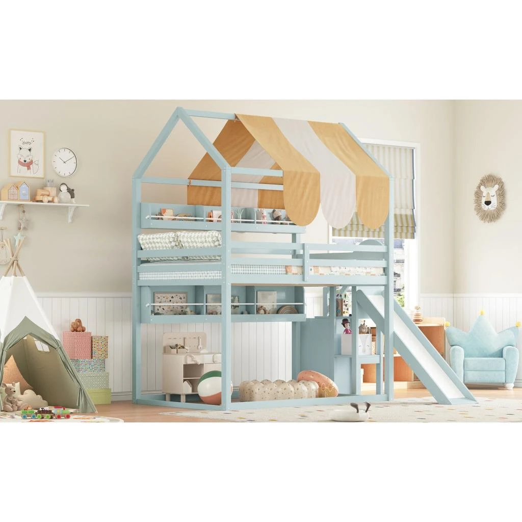Streamdale Furniture Streamdale Full Size house Bed with Canopy, Slide 
Built-In Bookshelves, Light green 4