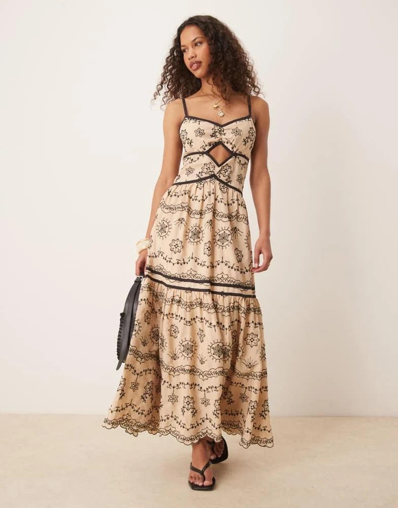 ASOS ASOS DESIGN cami cut out embroidered maxi dress in stone with black  tipping - Dresses & Skirts - Free Shipping - BeyondStyle