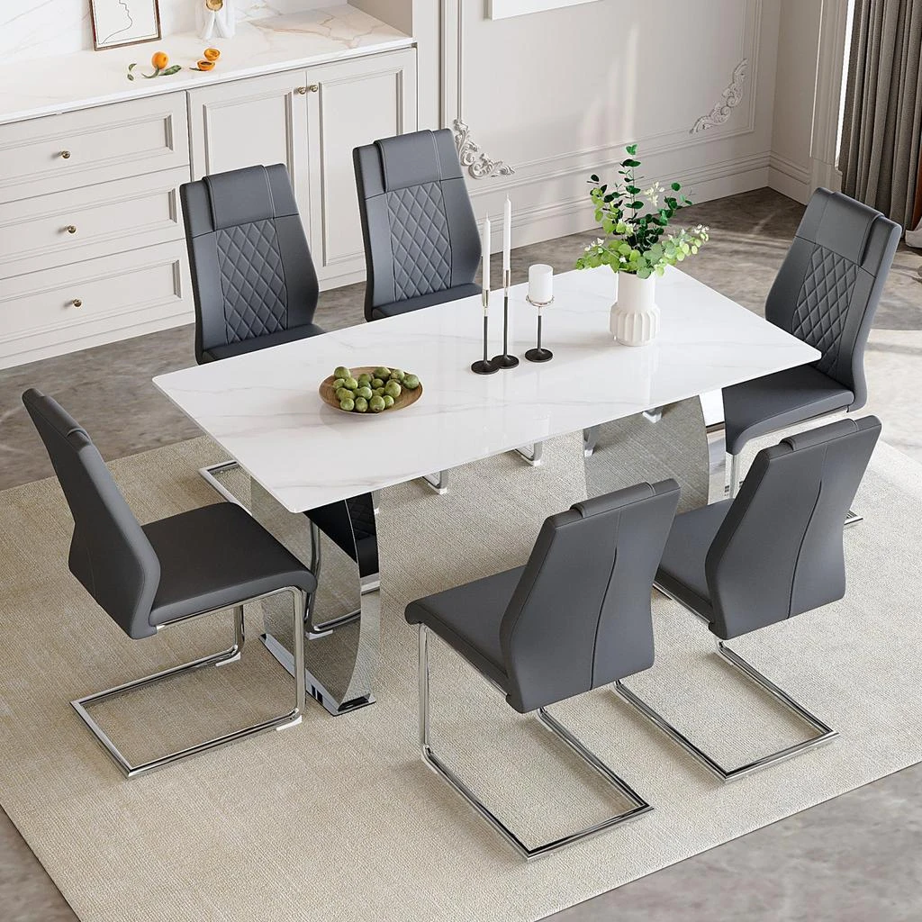 Streamdale Furniture Streamdale Snow Mountain Dining Set 63" Sintered Stone Table and 6 PU Chairs 2