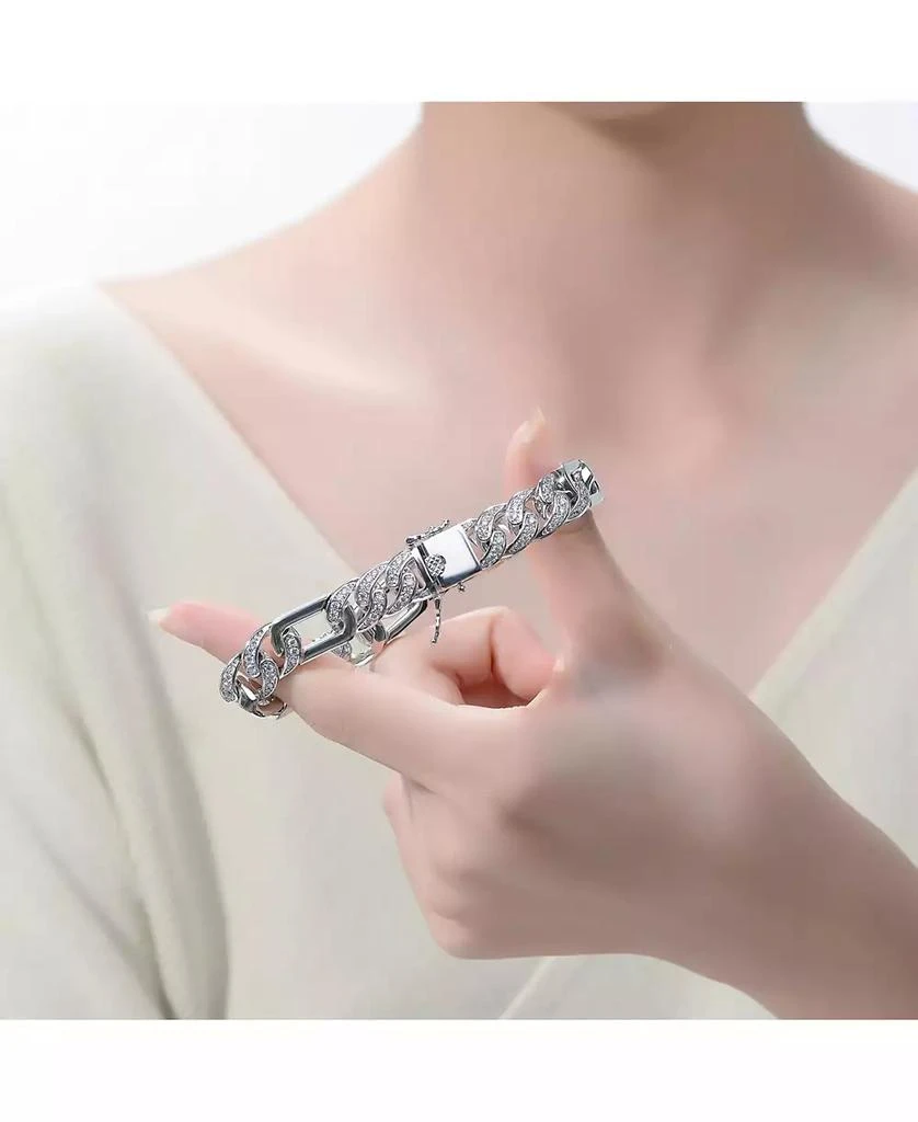Genevive Men
s Sterling Silver White Gold Plated with Iced Out Cubic Zirconia Oblong Curb Chain Bracelet 5