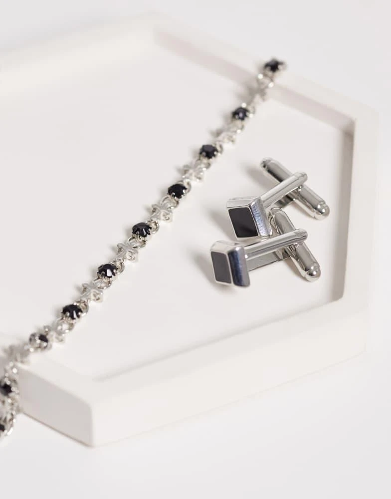 ASOS ASOS DESIGN black stone and cross chain necklace in silver 3