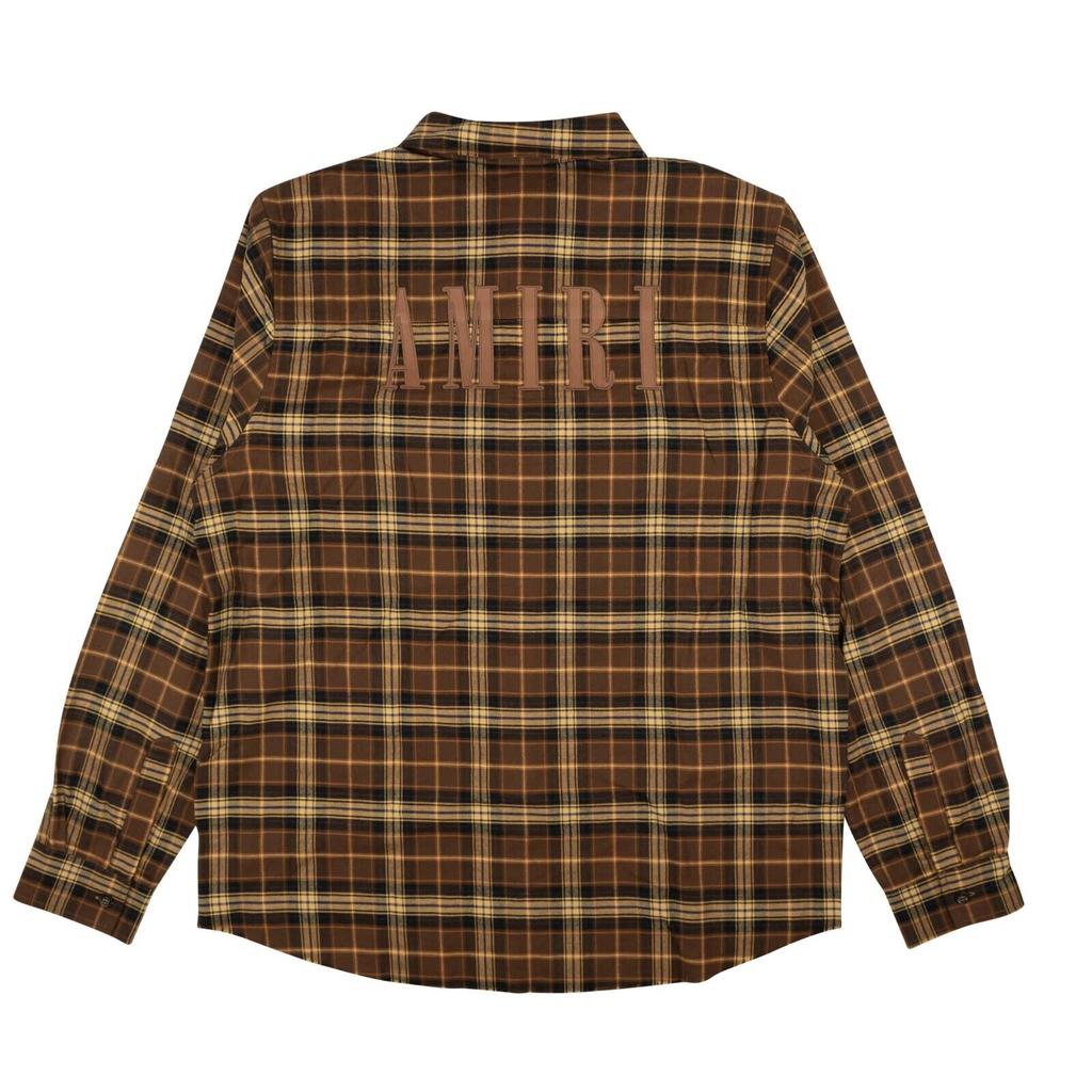 Amiri Brown Leather Logo Flannel Button Down Shirt