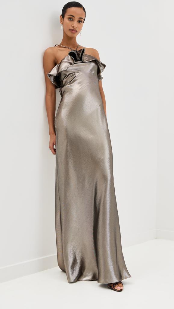 Rodarte Gold Lame Halter Gown With Ruffle Detail