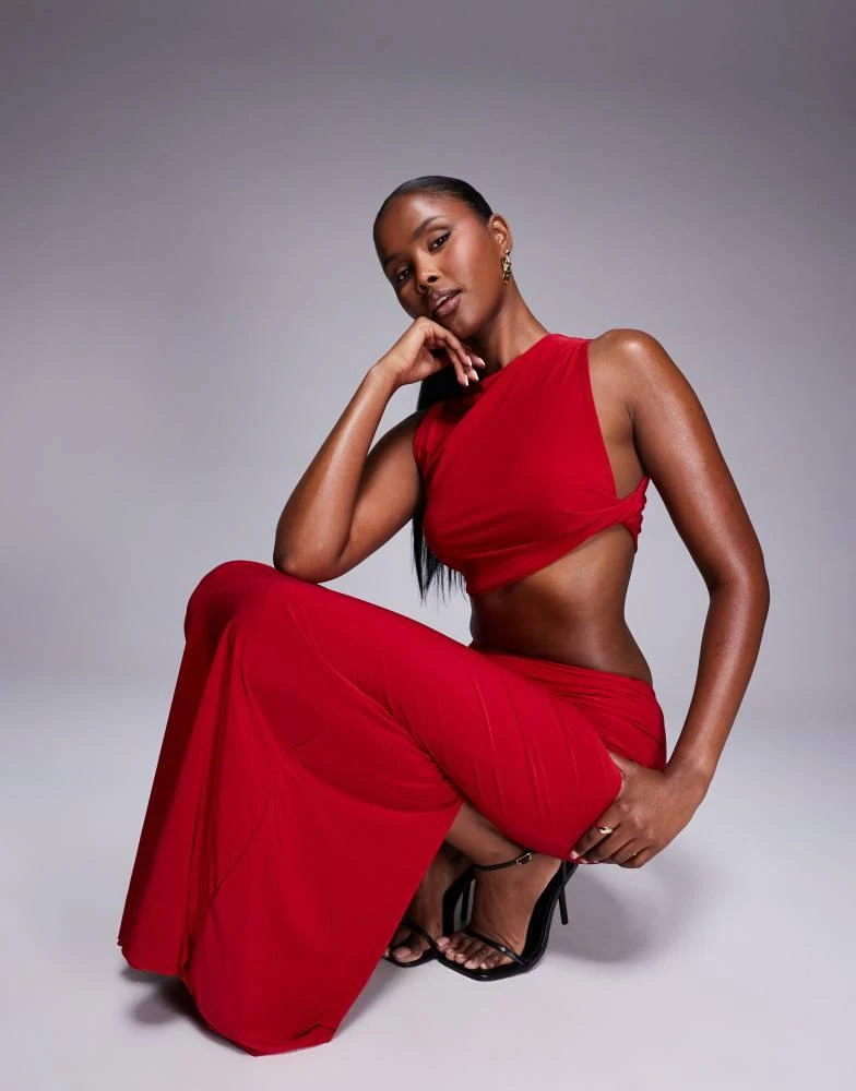 Missyempire Missyempire double layered slinky high waisted maxi skirt co-ord in red 5