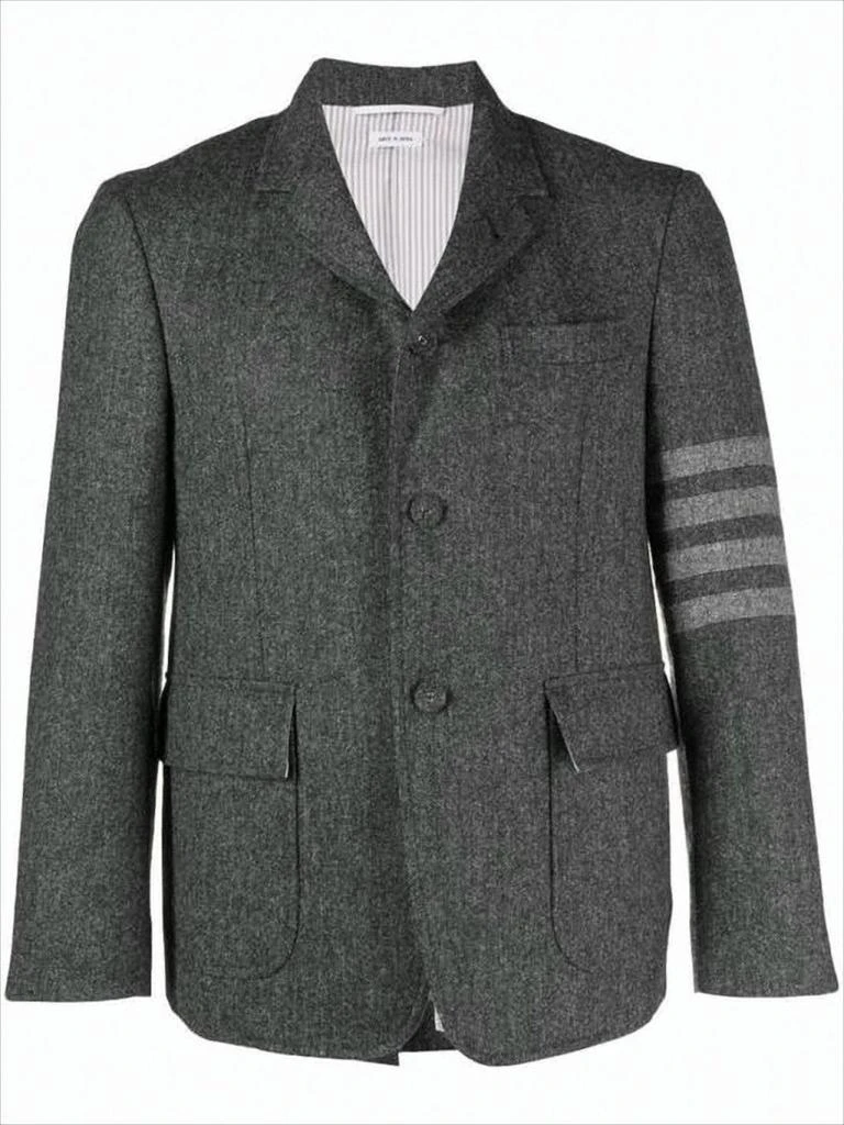 Thom Browne Tailored Grey Suit Jacket with Notch Lapel and Signature Stripes