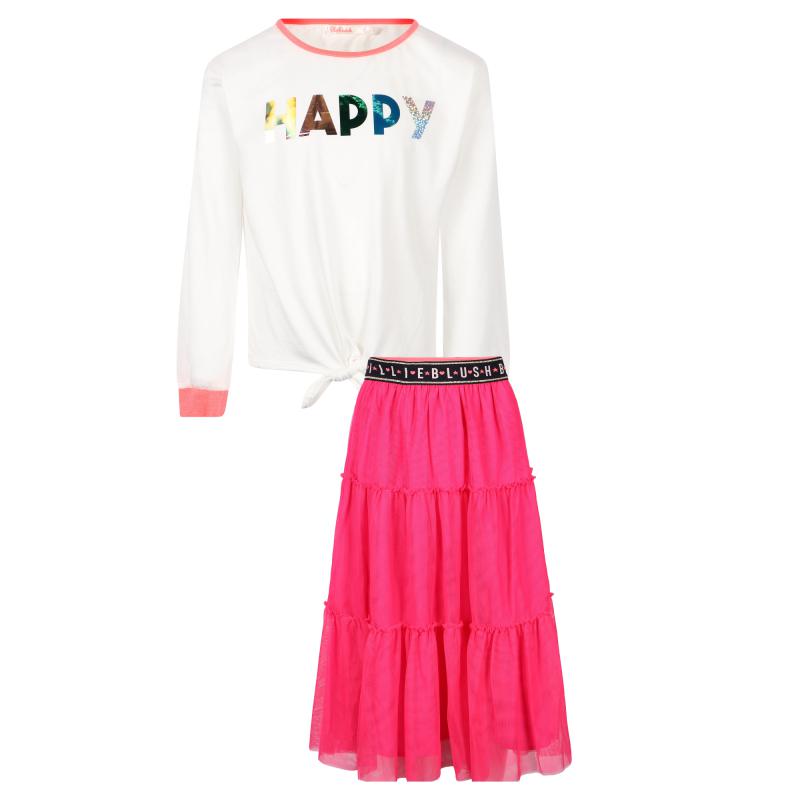 Billieblush Happy iridescent detailing long sleeved t shirt and logo elastic belt long mesh skirt set in white and pink