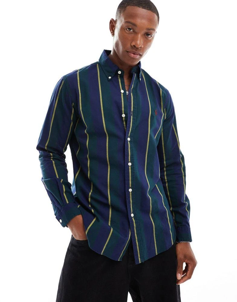 Ralph Lauren Polo Ralph Lauren icon logo varisty stripe oxford shirt classic oversized fit in navy/green multi 2