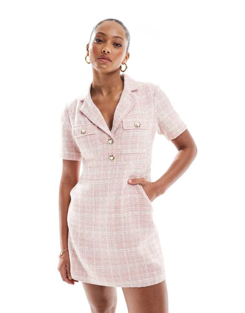 The Frolic The Frolic exclusive short sleeve heart button detail tailored boucle mini dress in PINK check - PINK - UK 14 The Frolic The Frolic exclusive short sleeve heart button detail tailored boucle mini dress in PINK check - PINK - UK 14
