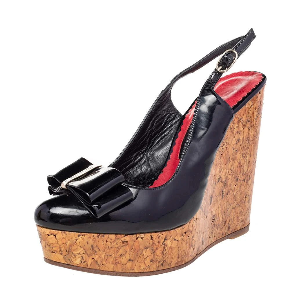 CH Carolina Herrera CH Carolina Herrera Black Leather Bow Wedge Sandals Size 37 1