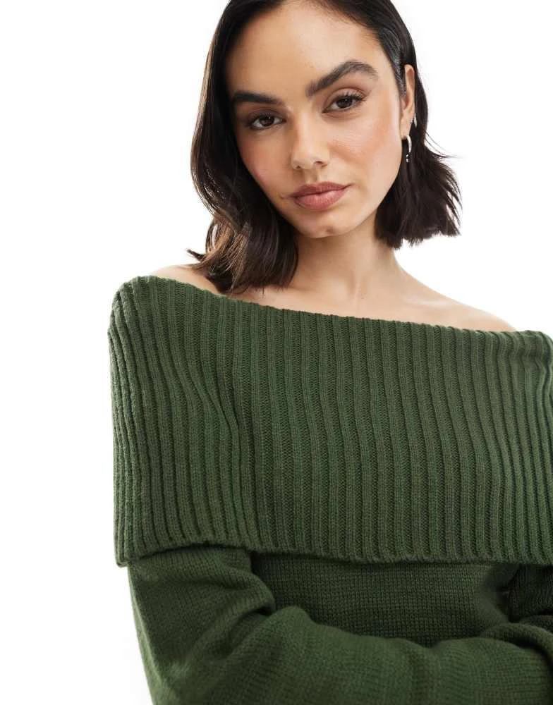 ASOS ASOS DESIGN knitted bardot jumper with rib detail in olive 4