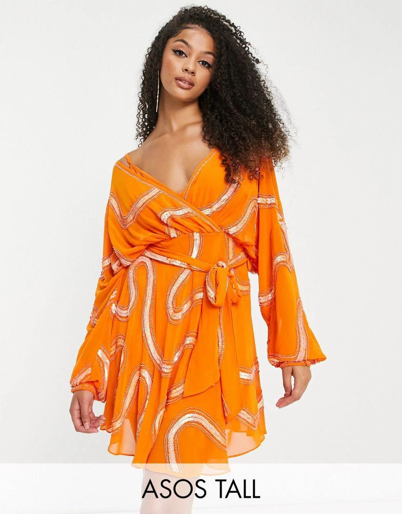 ASOS DESIGN ASOS DESIGN Tall rouleaux loop tie waist mini dress with swirl embellishment in orange 1