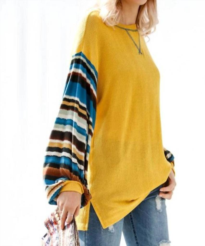 My Story Tribal Striped Sleeve Knit Top In Mustard