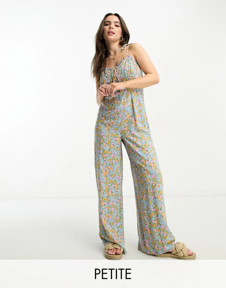 Miss Selfridge Miss Selfridge Petite strappy wide leg jumpsuit in blue ditsy 1