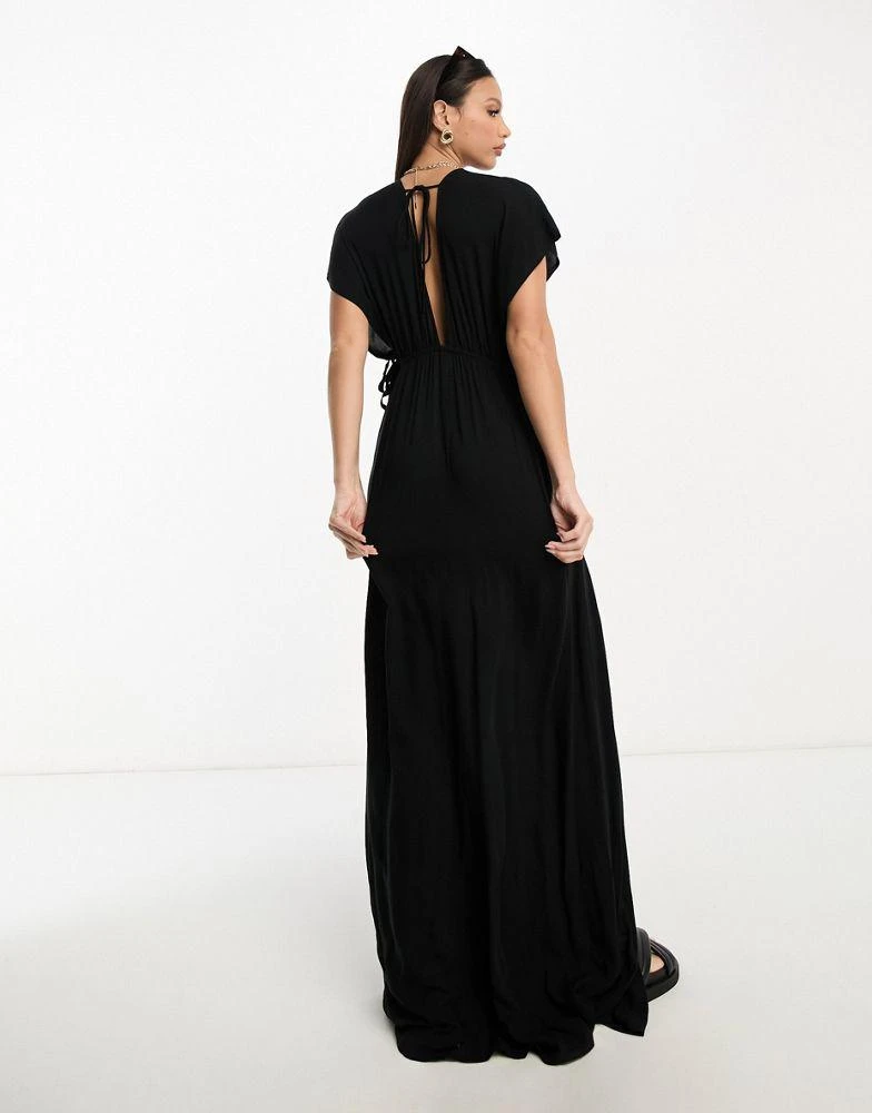 ASOS ASOS DESIGN Tall flutter sleeve maxi beach dress with channelled tie waist in black 2