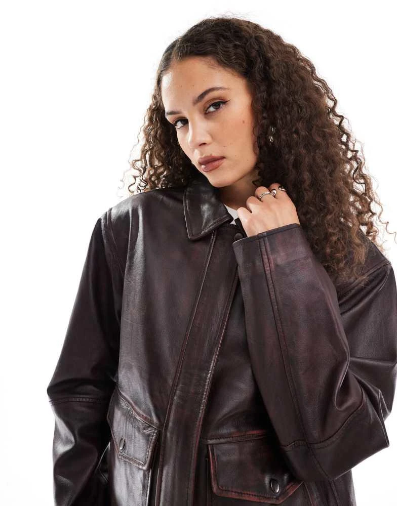 Urbancode Urbancode cracked leather patch pocket harrington jacket in deep red 4