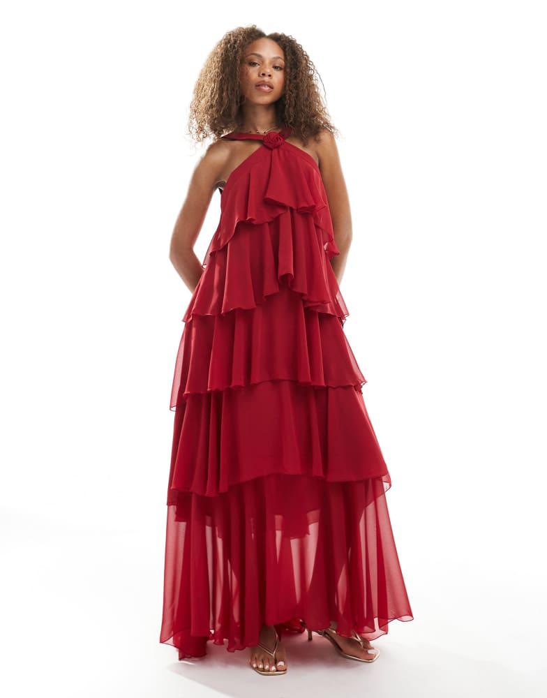VERO MODA Vero Moda Felicia halter neck tiered maxi dress with corsage detail in red