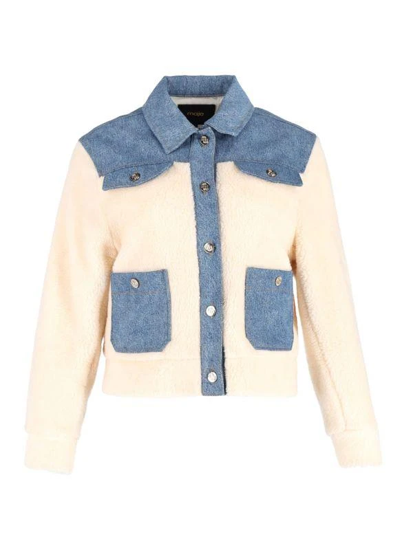 Maje Maje Bamia Denim Trim Faux Fur Jacket In Cream Wool 1
