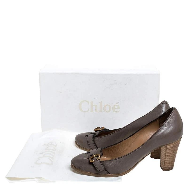 Chloé Chloe Grey Leather Buckle Detail Block Heel Pumps Size 37 8