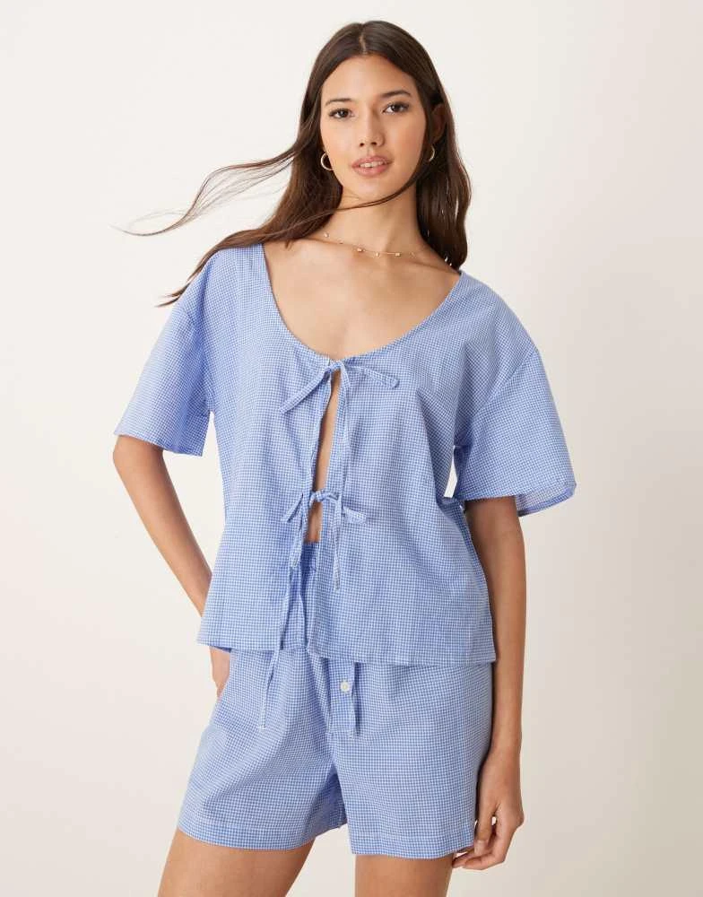 Luna Luna short sleeve tie front top pyjama co ord in blue gingham 1