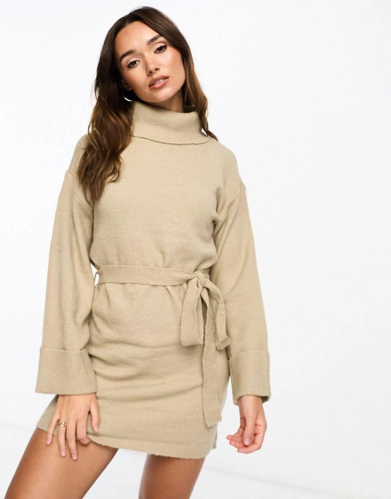 Vila Vila roll neck mini jumper dress with tie waist in cream 2