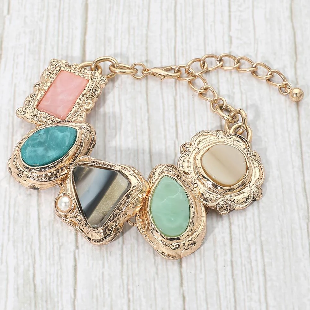FASHNZFAB Bold Mixed Vintage Frame Stone Charm Link Statement Bracelet 2