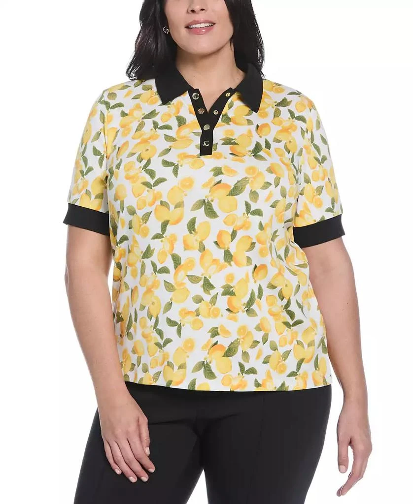 Rafaella Plus Size Lemon Print Buttoned Elbow Length Sleeve Polo T-Shirt 1