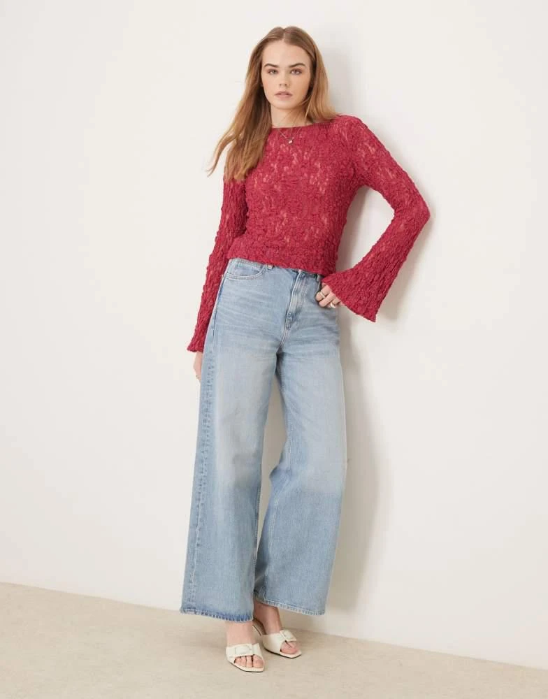 ASOS AS0S DESIGN slash neck sheer lace angel sleeve top in raspberry 4