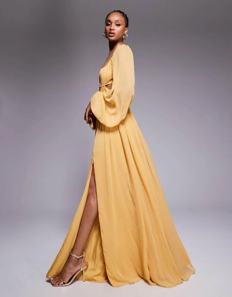 knee length dresses for ladies Mustard Yellow Belted Long Sleeve Maxi Dress Large-38