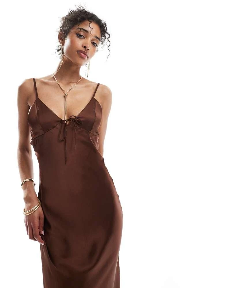 Bershka Bershka tie front satin maxi dress in brown 3