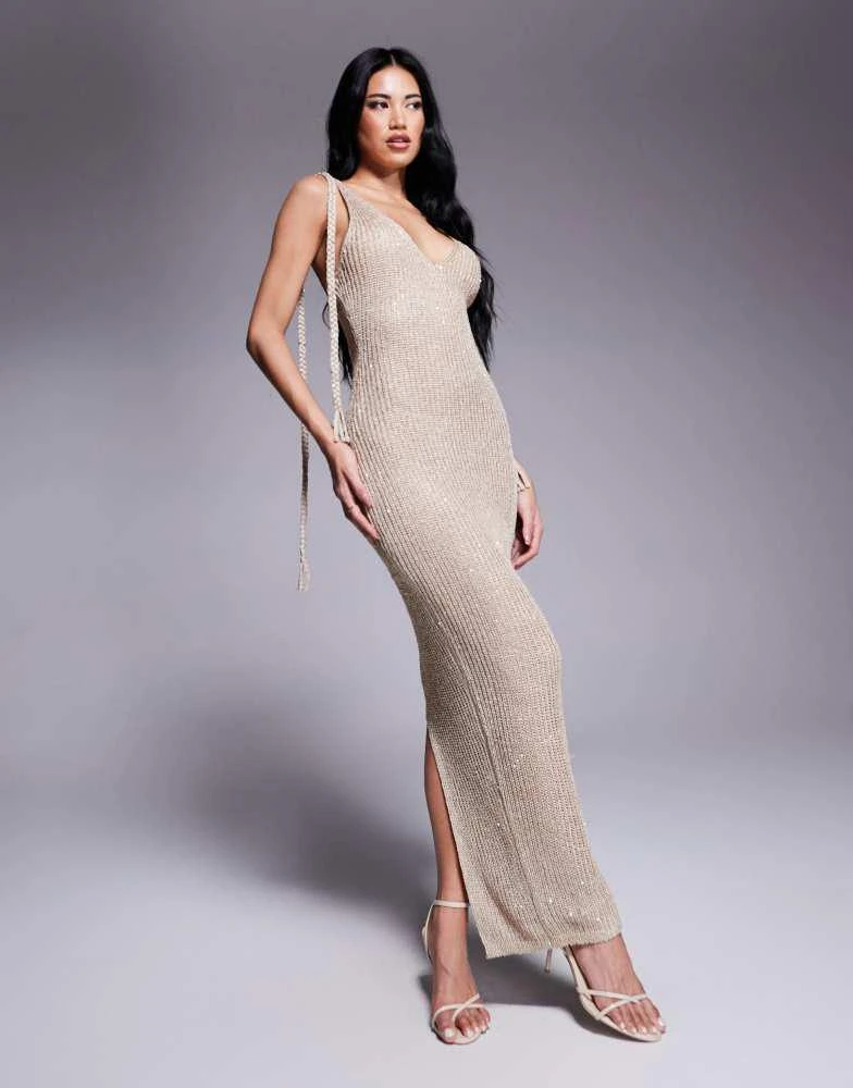 oprah gold dress GOLD PATTERN KNIT DRESS WITH PLUNGING NECKLINE