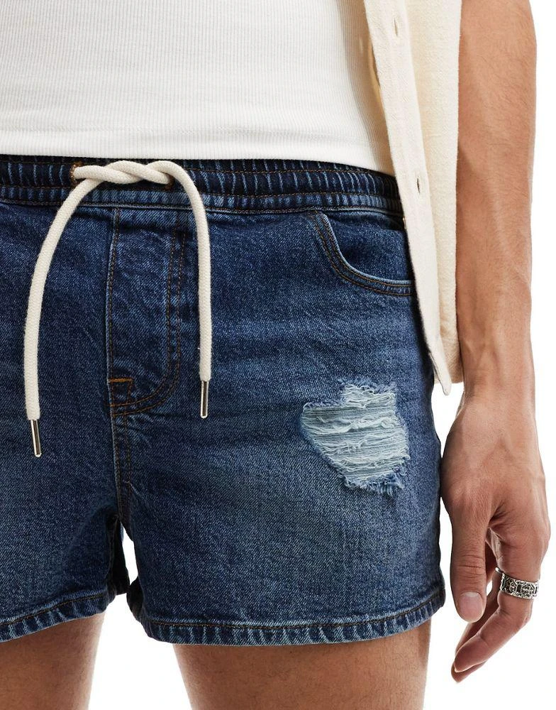 ASOS ASOS DESIGN shorter length slim denim shorts with distressing in dark wash blue 5
