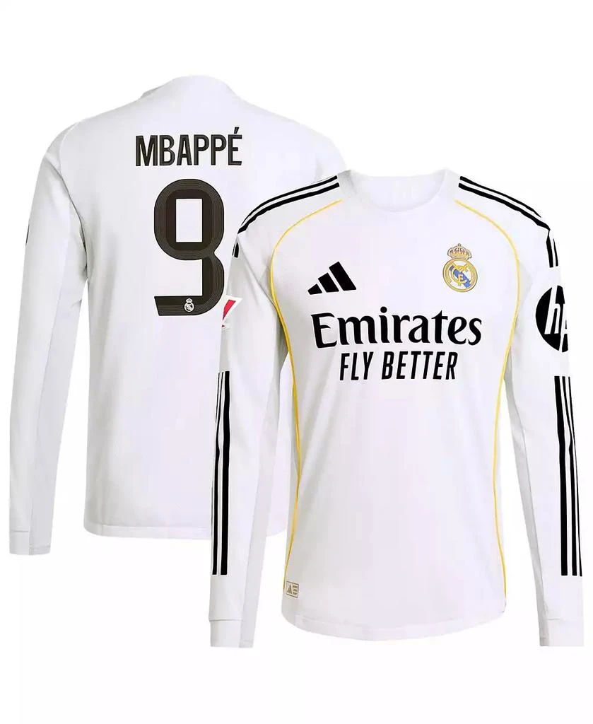 Adidas Men's Kylian Mbappé White Real Madrid 2025/26 Home Authentic Long Sleeve Jersey 1