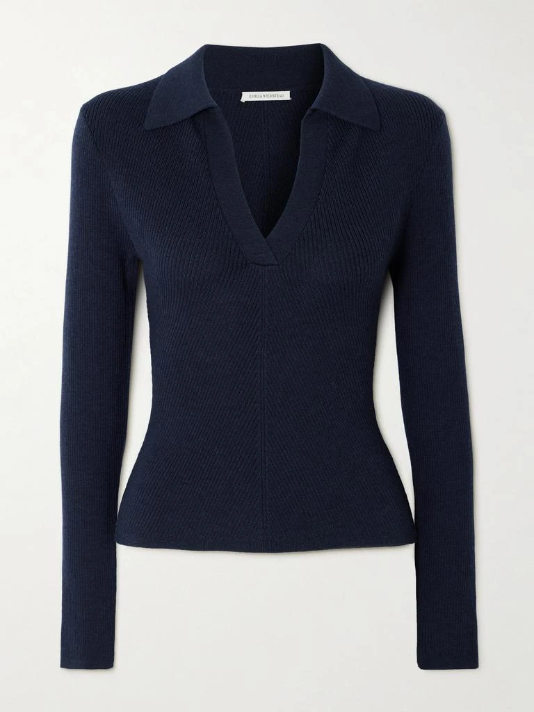 Emilia Wickstead Austin Ribbed Wool Polo Shirt - Navy