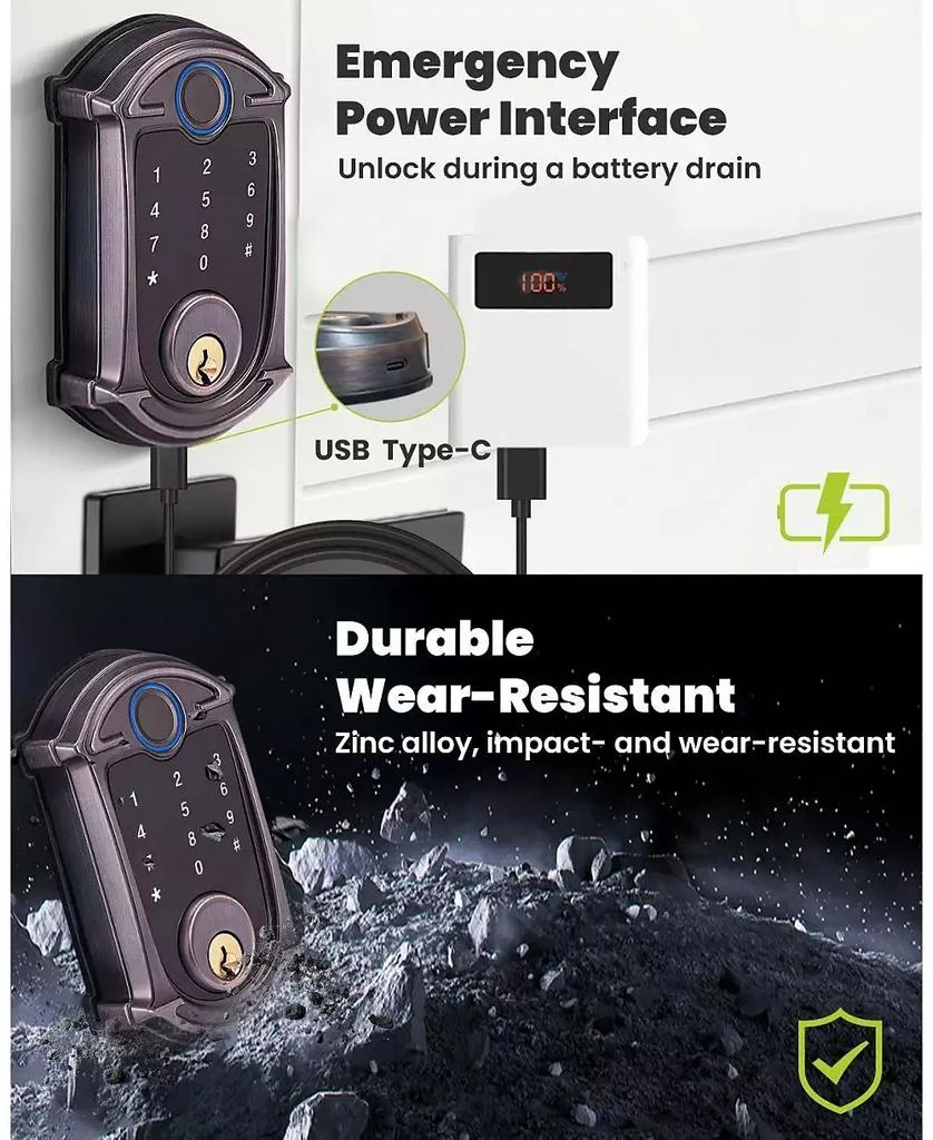ZACHVO Keyless-Entry Deadbolt Smart Lock with Fingerprint, Keypad, Key Fob, Smartphone Bluetooth Control, Auto-Lock, IP56 Waterproof 3