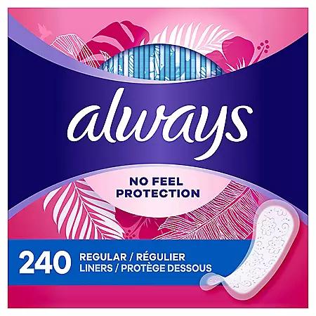 Always Always Daily Thin Liners, Unscented, Regular, 240 ct.