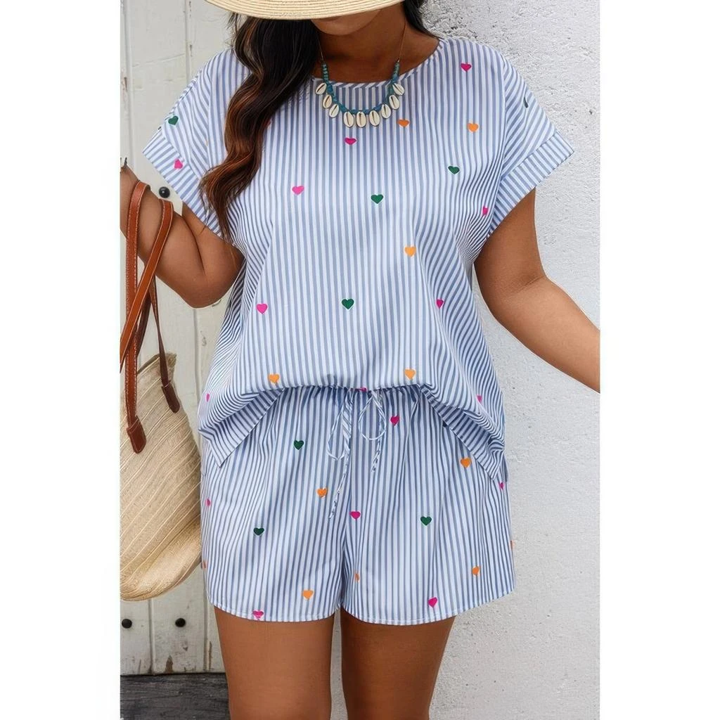 TRUEDAMES Plus Size Two Pieces Strip Hear Print Loose Sets