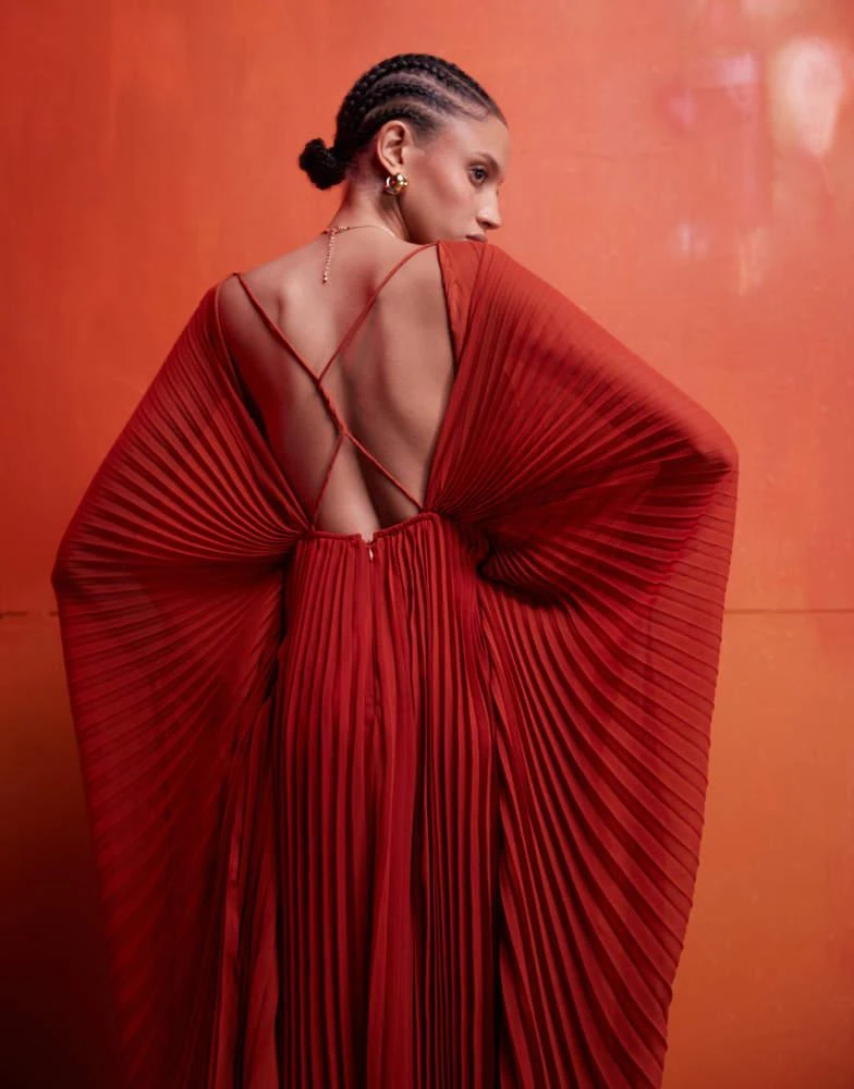 ASOS ASOS DESIGN ultimate blouson sleeve pleated maxi dress with deep V & twist back in rust 2