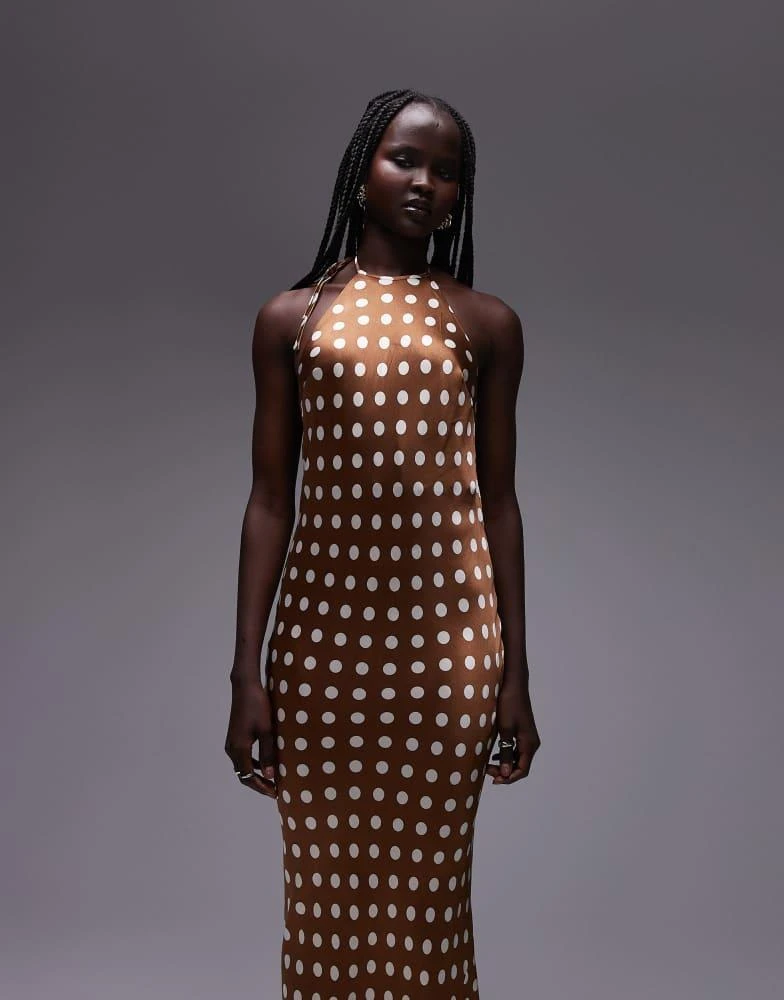 Topshop Topshop polka dot halter neck maxi dress in brown 4