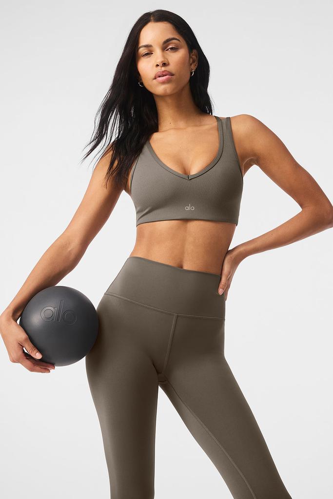 Alo Airlift Ribbed Jump Start V-Neck Bra - Olive Tree - Lingerie