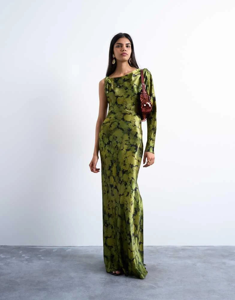 Shop Topshop one sleeve twist strap satin maxi dress in green