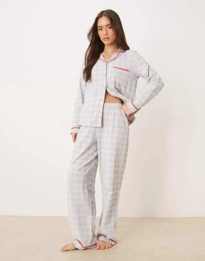 Chelsea Peers Chelsea Peers long pyjama set with embroidery and frill detail in pink and blue check print