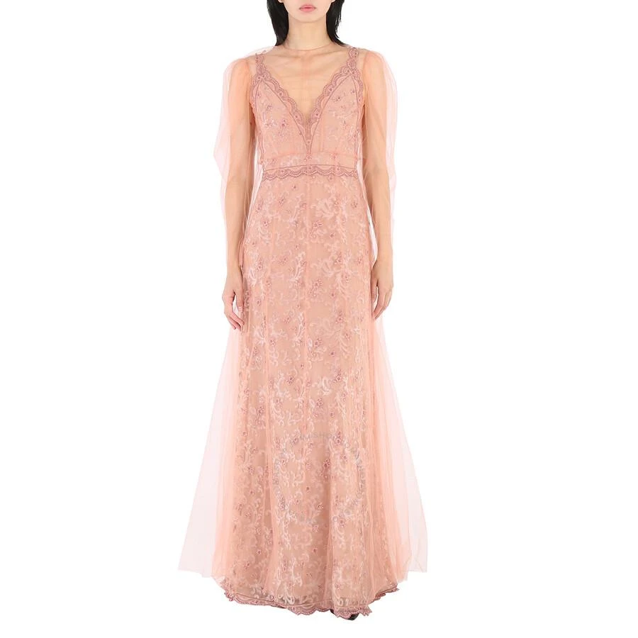 Burberry Floral-embroidered Puff-sleeve Dress In Dusty Pink 1