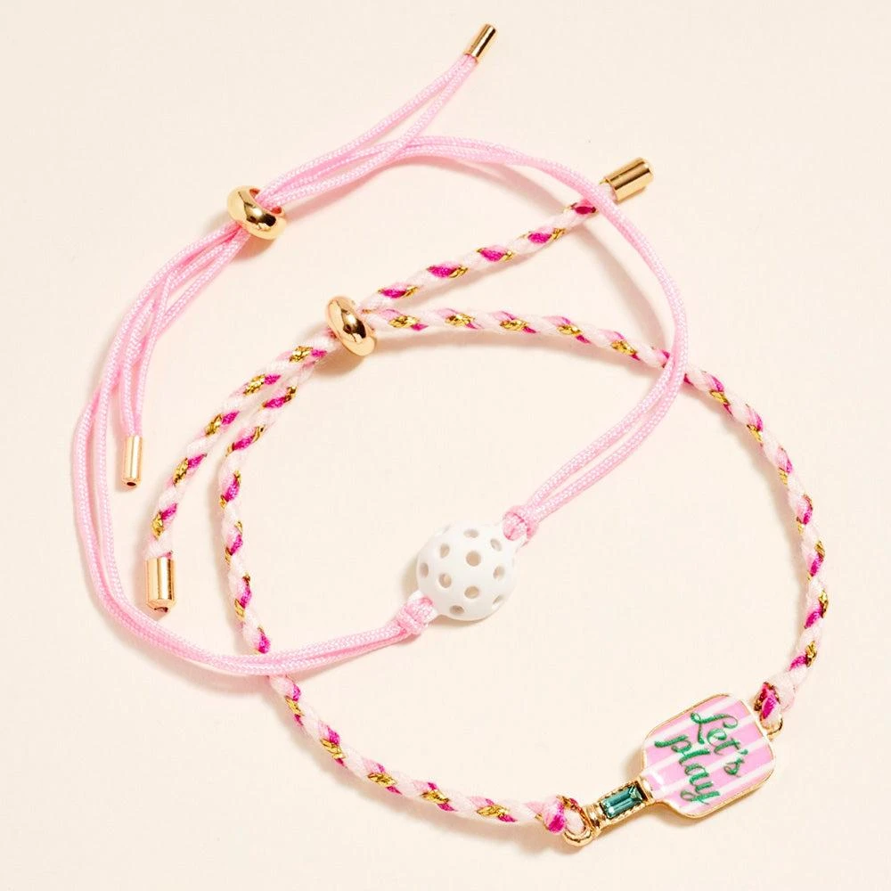 FASHNZFAB 2PCS - LETS PLAY Pickleball Paddle Ball Accent Adjustable Cinch Pull Tie Bracelets