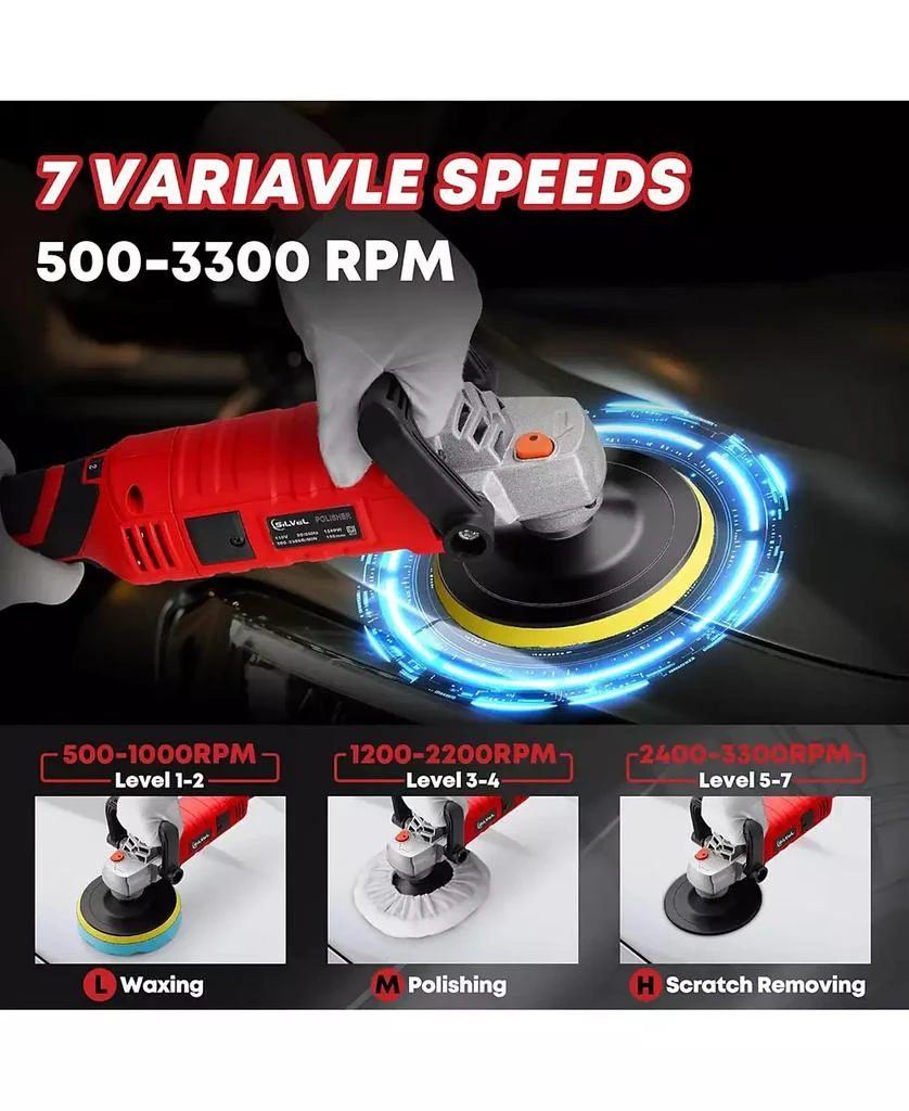 SILVEL Buffer Polisher, 1600W 7 Inch/6 Inch Polisher for Car Detailing, Wax Machine, 7 Variable Speed, with 6 Foam Pads, 3 Wool Pads, Packaging Bag, for Boat Polishing and Waxing 4