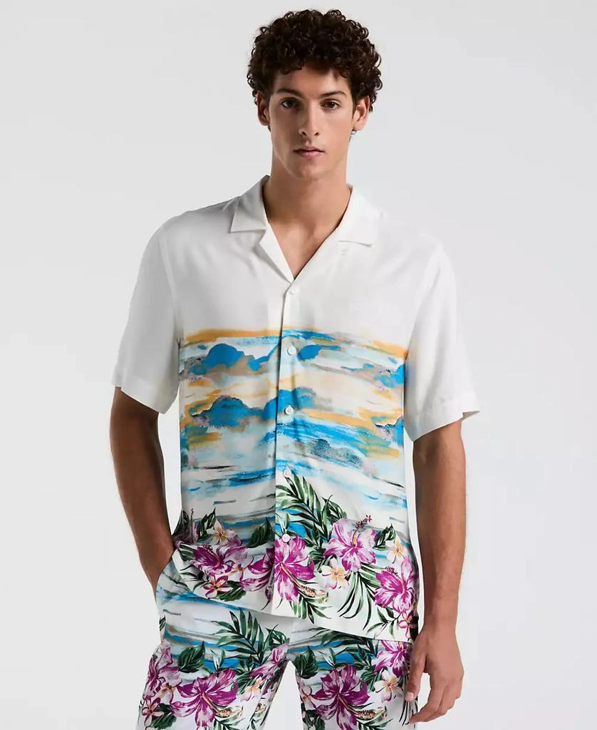 Original Penguin Men's Slim-fit Hibiscus Scene Print Short-Sleeve Button-Down Shirt 1