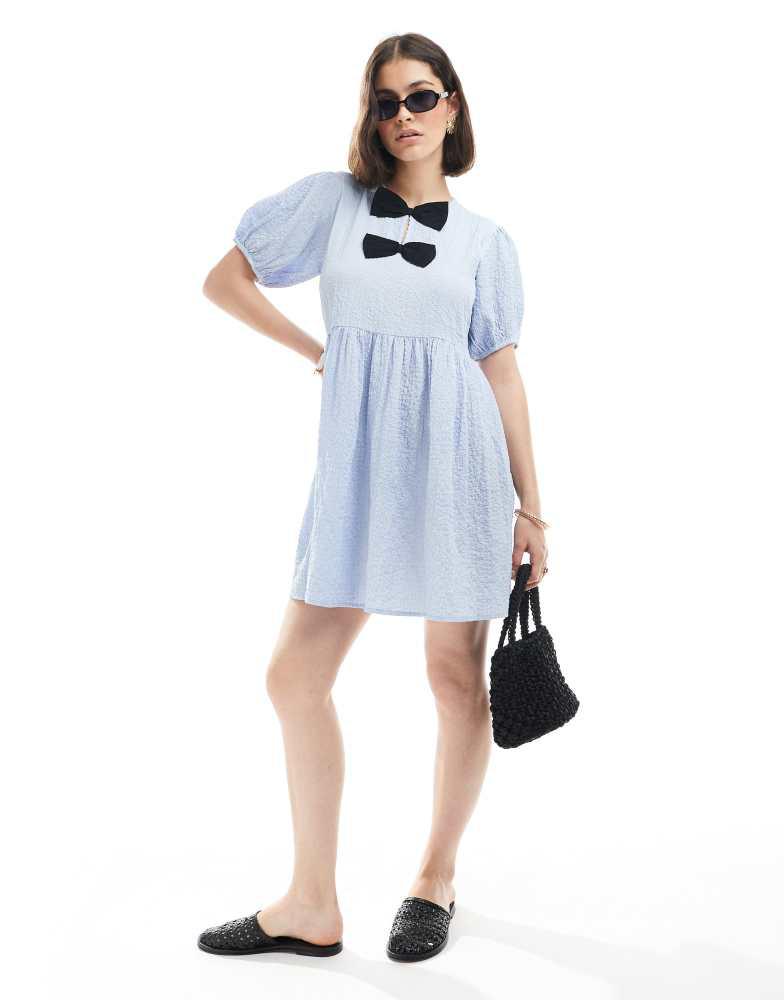 New Look New Look bow front mini dress in light blue