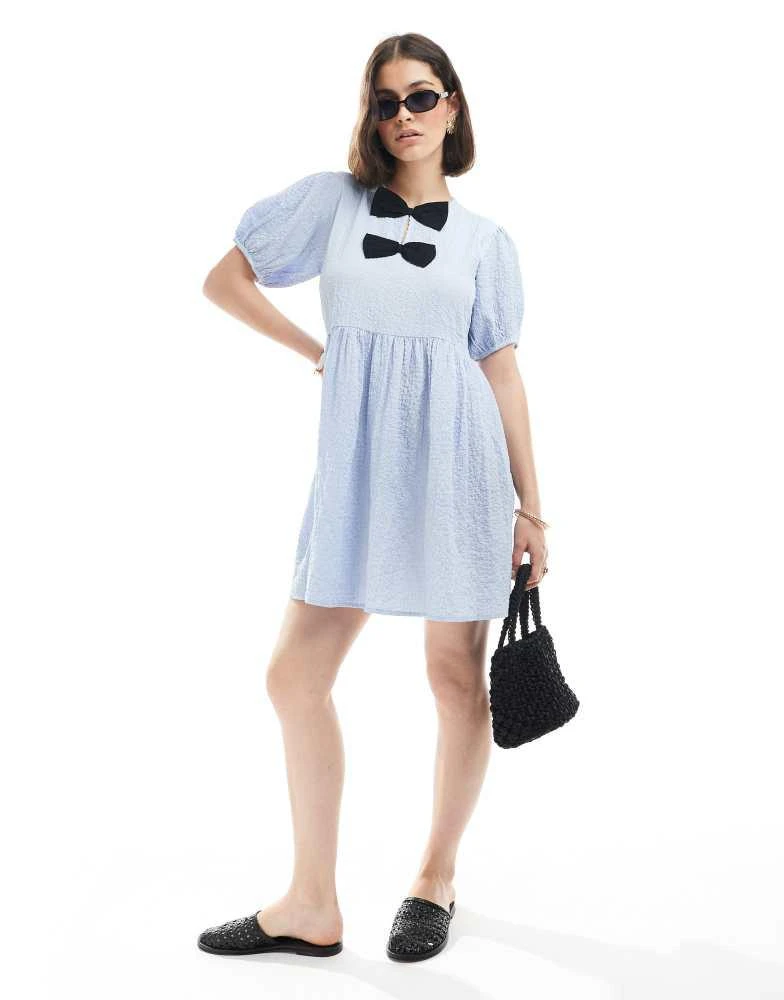 New Look New Look bow front mini dress in light blue 1