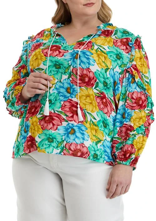 Crown & Ivy™ Ivy %09  Plus Size Ruffle Blouson Sleeve Floral Tie Neck Top 1